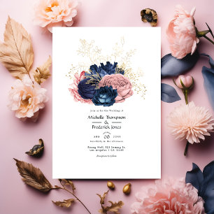 Blush, Navy and Gold Floral Wedding Kaart