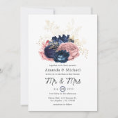 Blush, Navy and Gold Floral Wedding Kaart (Voorkant)