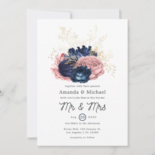 Blush, Navy and Gold Floral Wedding Kaart (Voorkant)
