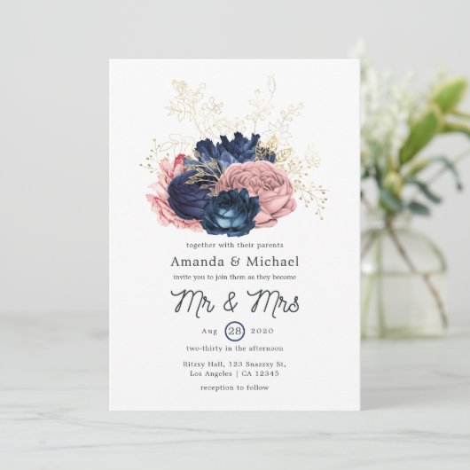 Blush, Navy and Gold Floral Wedding Kaart (Staand voorkant)
