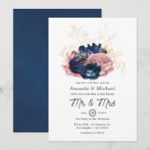 Blush, Navy and Gold Floral Wedding Kaart (Voorkant / Achterkant)