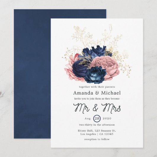 Blush, Navy and Gold Floral Wedding Kaart (Voorkant / Achterkant)