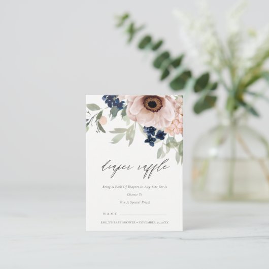 Blush Navy Anemone Flora Diaper Baby shower Raffle Informatiekaartje (Staand voorkant)