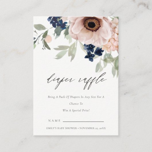 Blush Navy Anemone Flora Diaper Baby shower Raffle Informatiekaartje (Voorkant)