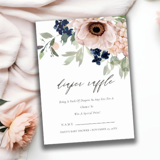 Blush Navy Anemone Flora Diaper Baby shower Raffle Informatiekaartje