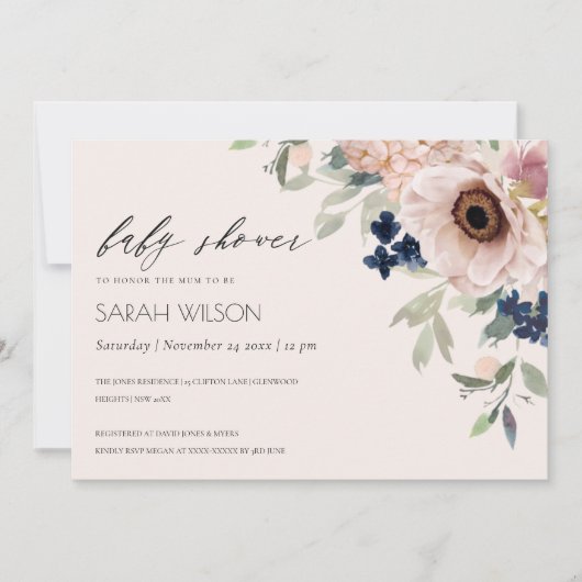 Blush Navy Anemone Floral Baby shower Invite Bedankkaart (Voorkant)