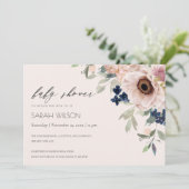 Blush Navy Anemone Floral Baby shower Invite Bedankkaart (Staand voorkant)