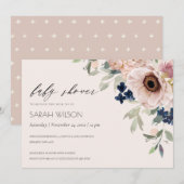 Blush Navy Anemone Floral Baby shower Invite Bedankkaart (Voorkant / Achterkant)