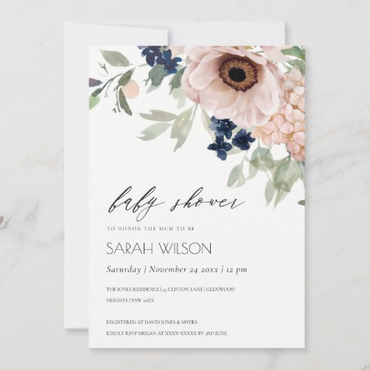 Blush Navy Anemone Floral Baby shower Invite Bedankkaart (Voorkant)