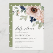 Blush Navy Anemone Floral Baby shower Invite Bedankkaart (Voorkant / Achterkant)