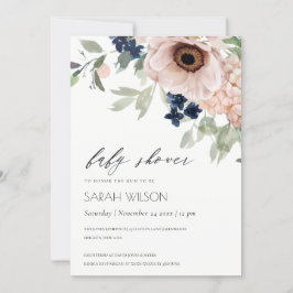 Blush Navy Anemone Floral Baby shower Invite Bedankkaart