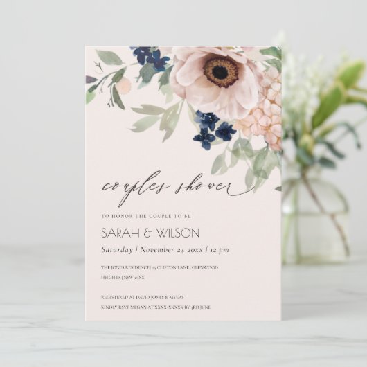 Blush Navy Anemone Floral Couples Shower Invite Bedankkaart (Staand voorkant)