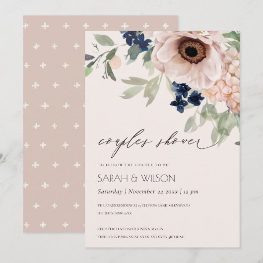 Blush Navy Anemone Floral Couples Shower Invite Bedankkaart (Voorkant / Achterkant)