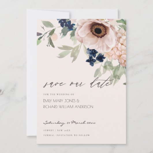 Blush Navy Anemone Floral Save the Date Kaart (Voorkant)