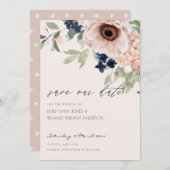 Blush Navy Anemone Floral Save the Date Kaart (Voorkant / Achterkant)