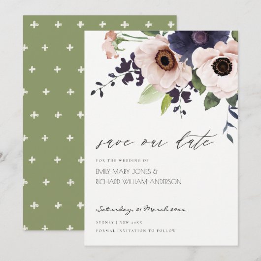 Blush Navy Anemone Floral Save the Date Kaart (Voorkant / Achterkant)