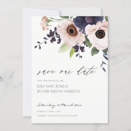 Blush Navy Anemone Floral Save the Date Kaart