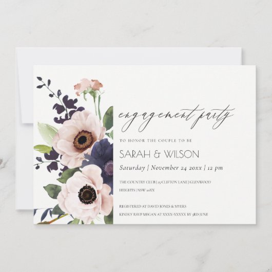 Blush Navy Anemone Floral Verloving Invite Bedankkaart (Voorkant)