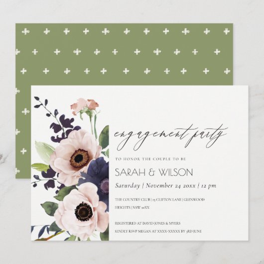 Blush Navy Anemone Floral Verloving Invite Bedankkaart (Voorkant / Achterkant)