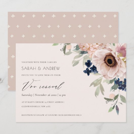 Blush Navy Anemone Floral Vow Renewal Noite Bedankkaart (Voorkant / Achterkant)