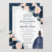 Blush Navy Blauw Bloemen Prinses Zilver Quinceañer Kaart (Voorkant / Achterkant)