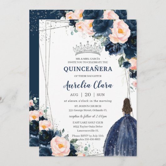 Blush Navy Blauw Bloemen Prinses Zilver Quinceañer Kaart (Voorkant / Achterkant)