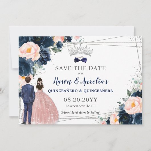 Blush Navy Blauw Bloemen Twins Jongen Meisje Quinc Save The Date (Voorkant)
