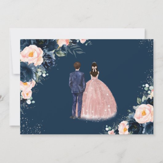 Blush Navy Blauw Bloemen Twins Jongen Meisje Quinc Save The Date (Achterkant)