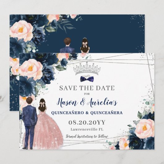 Blush Navy Blauw Bloemen Twins Jongen Meisje Quinc Save The Date (Voorkant / Achterkant)