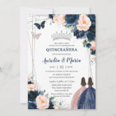 Blush Navy Blauw Bloemen Zilveren Twins Quinceañer Kaart (Voorkant)
