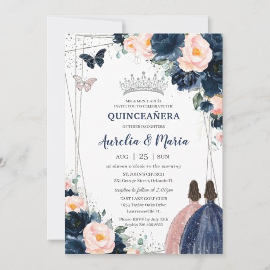 Blush Navy Blauw Bloemen Zilveren Twins Quinceañer Kaart (Voorkant)