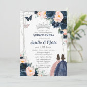Blush Navy Blauw Bloemen Zilveren Twins Quinceañer Kaart (Staand voorkant)
