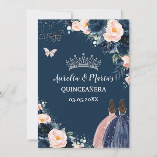 Blush Navy Blauw Bloemen Zilveren Twins Quinceañer Kaart (Achterkant)