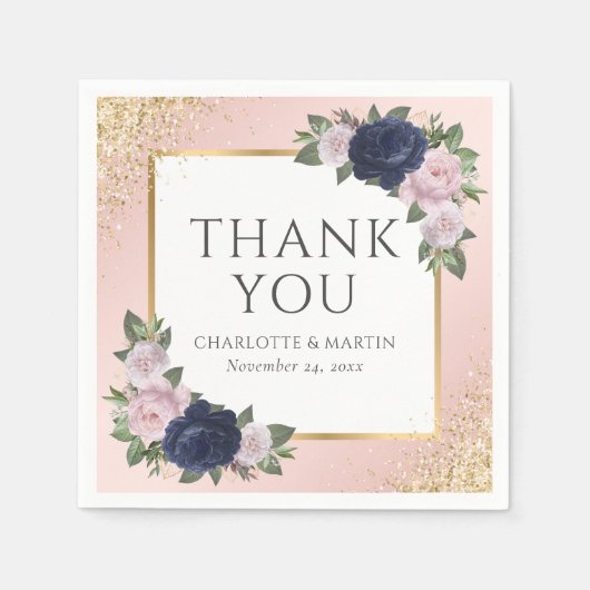 Blush Navy Blauw Goud Bloemen Huwelijk Servet (Voorkant)