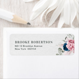 Blush Navy Blauw Zachte Pastel Roze Bloemen Huweli Etiket