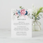 Blush Navy Blauw Zachte Pastel Roze Bloemen Huweli Informatiekaartje (Staand voorkant)