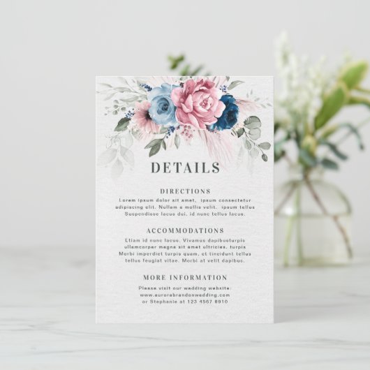 Blush Navy Blauw Zachte Pastel Roze Bloemen Huweli Informatiekaartje (Staand voorkant)
