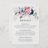 Blush Navy Blauw Zachte Pastel Roze Bloemen Huweli Informatiekaartje (Voorkant / Achterkant)