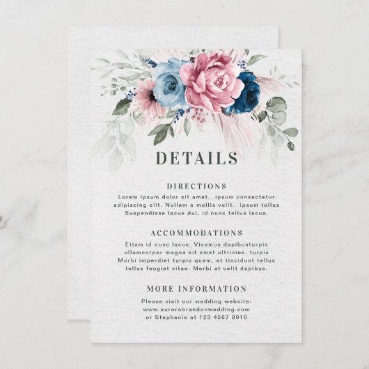 Blush Navy Blauw Zachte Pastel Roze Bloemen Huweli Informatiekaartje (Voorkant / Achterkant)