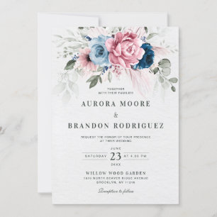Blush Navy Blauw Zachte Pastel Roze Bloemen Huweli Kaart
