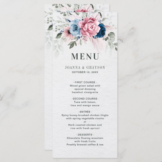 Blush Navy Blauw Zachte Pastel Roze Bloemen Huweli Menu (Voorkant / Achterkant)