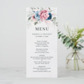 Blush Navy Blauw Zachte Pastel Roze Bloemen Huweli Menu (Staand voorkant)