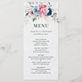 Blush Navy Blauw Zachte Pastel Roze Bloemen Huweli Menu (Voorkant)