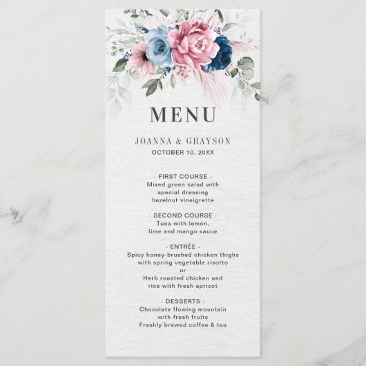Blush Navy Blauw Zachte Pastel Roze Bloemen Huweli Menu (Voorkant)