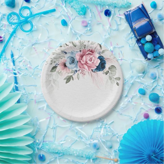 Blush Navy Blauw Zachte Pastel Roze Bloemen Huweli Papieren Bordje (Feest)