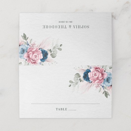 Blush Navy Blauw Zachte Pastel Roze Bloemen Huweli Plaatskaartje (Buitenkant ongevouwen)