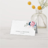 Blush Navy Blauw Zachte Pastel Roze Bloemen Huweli Plaatskaartje (Achterkant)