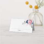 Blush Navy Blauw Zachte Pastel Roze Bloemen Huweli Plaatskaartje (Voorkant)
