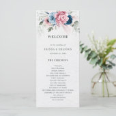 Blush Navy Blauw Zachte Pastel Roze Bloemen Huweli Programmakaart (Staand voorkant)