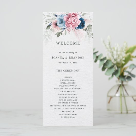 Blush Navy Blauw Zachte Pastel Roze Bloemen Huweli Programmakaart (Staand voorkant)